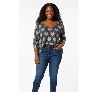 Torrid Charcoal and Cream Heart Print Blouse Shiet Top 1/2 Sleeve Plus Size 4